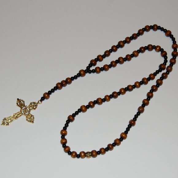 Rosary Necklace,Wood Rosary Necklace,Cross Necklace,Wooden Beaded Necklace - Picture 2 of 3